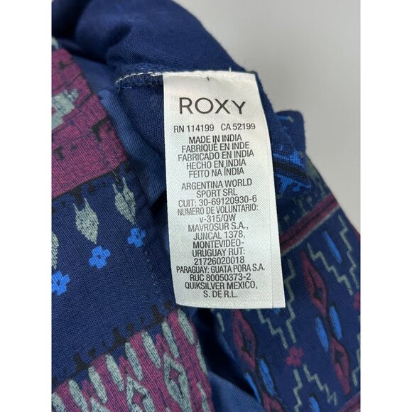 ROXY Mini Dress Sz M Navy Geo Stripe Print Peasant 3/4 Sleeve VNeck Button Up - Picture 9 of 11
